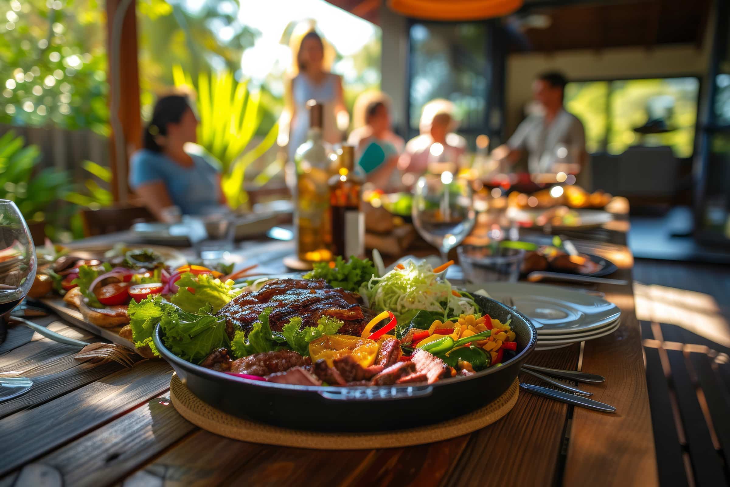 Juhlallinen ulkoruokailukohtaus, jossa etualalla keskitytään grillatun lihan ja salaatin lautaselle.